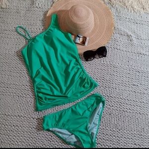 NWT Willit 2-Piece Green Ruched One Shoulder Tankini Swimsuit Set, Small